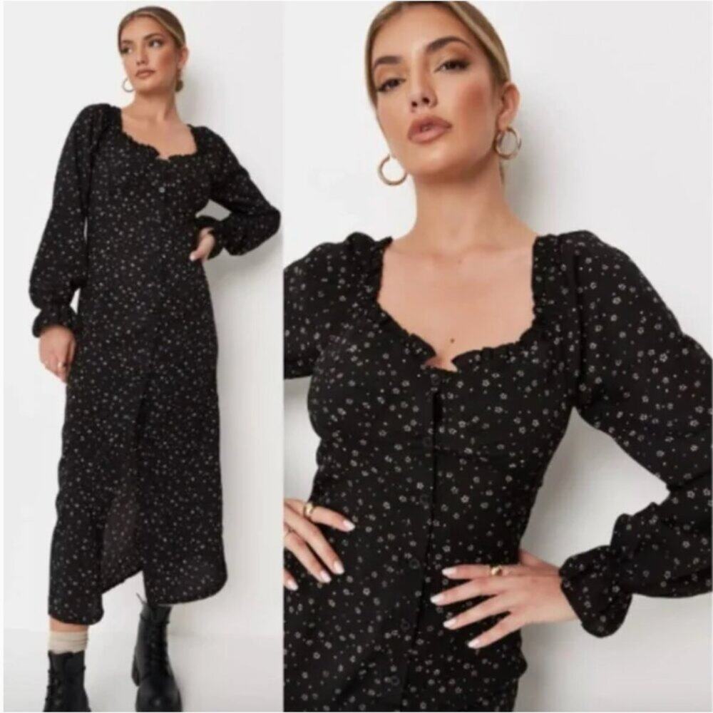 Missguided Black Button-Front Printed Milkmaid Midi Dress